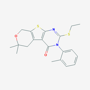 molecular formula C20H22N2O2S2 B431428 2-(ethylsulfanyl)-6,6-dimethyl-3-(2-methylphenyl)-3,5,6,8-tetrahydro-4H-pyrano[4',3':4,5]thieno[2,3-d]pyrimidin-4-one CAS No. 383370-25-0