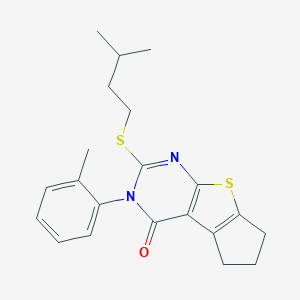 molecular formula C21H24N2OS2 B431429 2-(isopentylsulfanyl)-3-(2-methylphenyl)-3,5,6,7-tetrahydro-4H-cyclopenta[4,5]thieno[2,3-d]pyrimidin-4-one 