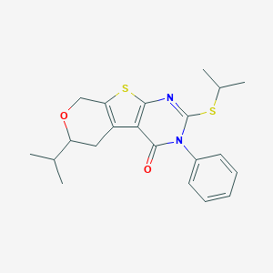 molecular formula C21H24N2O2S2 B431432 3-phenyl-6-(propan-2-yl)-2-(propan-2-ylsulfanyl)-3,5,6,8-tetrahydro-4H-pyrano[4',3':4,5]thieno[2,3-d]pyrimidin-4-one 