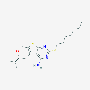 molecular formula C19H29N3OS2 B431440 2-(heptylsulfanyl)-6-(propan-2-yl)-5,8-dihydro-6H-pyrano[4',3':4,5]thieno[2,3-d]pyrimidin-4-amine 