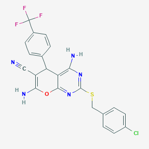 molecular formula C22H15ClF3N5OS B4314431 4,7-DIAMINO-2-{[(4-CHLOROPHENYL)METHYL]SULFANYL}-5-[4-(TRIFLUOROMETHYL)PHENYL]-5H-PYRANO[2,3-D]PYRIMIDINE-6-CARBONITRILE 