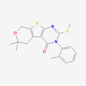 molecular formula C19H20N2O2S2 B431448 6,6-dimethyl-3-(2-methylphenyl)-2-(methylsulfanyl)-3,5,6,8-tetrahydro-4H-pyrano[4',3':4,5]thieno[2,3-d]pyrimidin-4-one 
