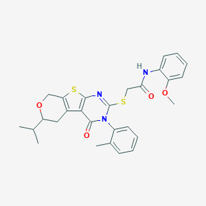 molecular formula C28H29N3O4S2 B431453 2-{[6-isopropyl-3-(2-methylphenyl)-4-oxo-3,5,6,8-tetrahydro-4H-pyrano[4',3':4,5]thieno[2,3-d]pyrimidin-2-yl]sulfanyl}-N-(2-methoxyphenyl)acetamide 