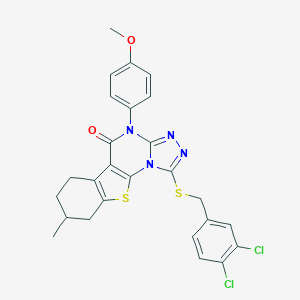molecular formula C26H22Cl2N4O2S2 B431457 1-[(3,4-dichlorobenzyl)sulfanyl]-4-(4-methoxyphenyl)-8-methyl-6,7,8,9-tetrahydro[1]benzothieno[3,2-e][1,2,4]triazolo[4,3-a]pyrimidin-5(4H)-one 