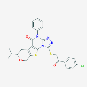 molecular formula C27H23ClN4O3S2 B431459 1-((2-(4-chlorophenyl)-2-oxoethyl)thio)-7-isopropyl-4-phenyl-6,7-dihydro-4H-pyrano[4',3':4,5]thieno[3,2-e][1,2,4]triazolo[4,3-a]pyrimidin-5(9H)-one 