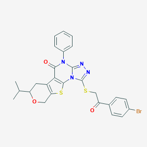 molecular formula C27H23BrN4O3S2 B431460 1-((2-(4-bromophenyl)-2-oxoethyl)thio)-7-isopropyl-4-phenyl-6,7-dihydro-4H-pyrano[4',3':4,5]thieno[3,2-e][1,2,4]triazolo[4,3-a]pyrimidin-5(9H)-one 