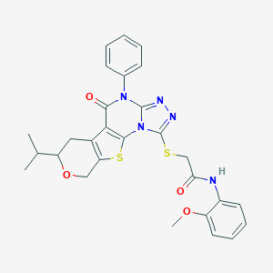 molecular formula C28H27N5O4S2 B431467 2-[(7-isopropyl-5-oxo-4-phenyl-4,5,6,9-tetrahydro-7H-pyrano[4',3':4,5]thieno[3,2-e][1,2,4]triazolo[4,3-a]pyrimidin-1-yl)sulfanyl]-N-(2-methoxyphenyl)acetamide 