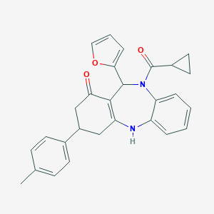 molecular formula C28H26N2O3 B431514 cyclopropyl[11-(furan-2-yl)-1-hydroxy-3-(4-methylphenyl)-2,3,4,11-tetrahydro-10H-dibenzo[b,e][1,4]diazepin-10-yl]methanone 