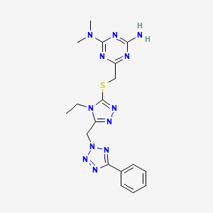 molecular formula C18H22N12S B4315304 N-{4-amino-6-[({4-ethyl-5-[(5-phenyl-2H-1,2,3,4-tetraazol-2-yl)methyl]-4H-1,2,4-triazol-3-yl}sulfanyl)methyl]-1,3,5-triazin-2-yl}-N,N-dimethylamine 