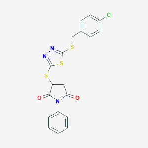 molecular formula C19H14ClN3O2S3 B431563 3-({5-[(4-Chlorobenzyl)sulfanyl]-1,3,4-thiadiazol-2-yl}sulfanyl)-1-phenylpyrrolidine-2,5-dione CAS No. 511513-92-1