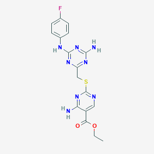 Ethyl 4-amino-2-[[4-amino-6-(4-fluoroanilino)-1,3,5-triazin-2-yl]methylsulfanyl]pyrimidine-5-carboxylate