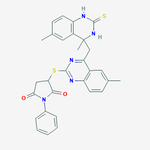 molecular formula C30H27N5O2S2 B431566 3-({4-[(4,6-Dimethyl-2-sulfanyl-1,4-dihydroquinazolin-4-yl)methyl]-6-methylquinazolin-2-yl}sulfanyl)-1-phenylpyrrolidine-2,5-dione 