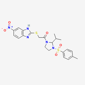 molecular formula C22H25N5O5S2 B4315808 2-[(2-{2-isopropyl-3-[(4-methylphenyl)sulfonyl]imidazolidin-1-yl}-2-oxoethyl)thio]-5-nitro-1H-benzimidazole 