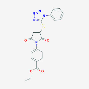 molecular formula C20H17N5O4S B431596 ethyl 4-{2,5-dioxo-3-[(1-phenyl-1H-tetrazol-5-yl)sulfanyl]pyrrolidin-1-yl}benzoate CAS No. 522652-28-4