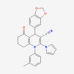 molecular formula C28H23N3O3 B4316064 4-(1,3-benzodioxol-5-yl)-1-(3-methylphenyl)-5-oxo-2-(1H-pyrrol-1-yl)-1,4,5,6,7,8-hexahydroquinoline-3-carbonitrile 