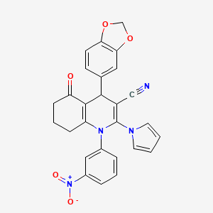 molecular formula C27H20N4O5 B4316126 4-(1,3-benzodioxol-5-yl)-1-(3-nitrophenyl)-5-oxo-2-(1H-pyrrol-1-yl)-1,4,5,6,7,8-hexahydroquinoline-3-carbonitrile 