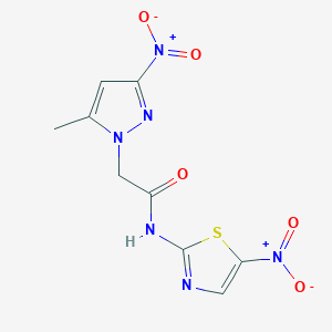 molecular formula C9H8N6O5S B4316224 2-(5-methyl-3-nitro-1H-pyrazol-1-yl)-N-(5-nitro-1,3-thiazol-2-yl)acetamide 