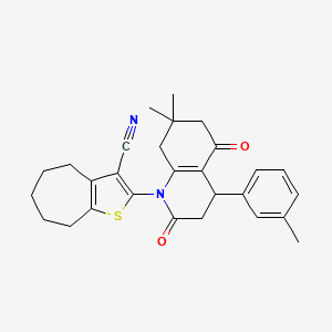 molecular formula C28H30N2O2S B4316343 2-[7,7-dimethyl-4-(3-methylphenyl)-2,5-dioxo-3,4,5,6,7,8-hexahydroquinolin-1(2H)-yl]-5,6,7,8-tetrahydro-4H-cyclohepta[b]thiophene-3-carbonitrile 