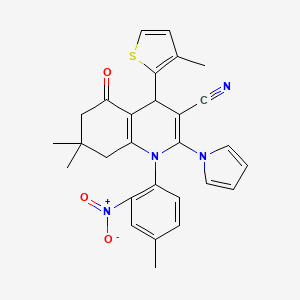 molecular formula C28H26N4O3S B4316826 7,7-dimethyl-1-(4-methyl-2-nitrophenyl)-4-(3-methyl-2-thienyl)-5-oxo-2-(1H-pyrrol-1-yl)-1,4,5,6,7,8-hexahydroquinoline-3-carbonitrile 