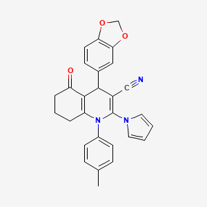 molecular formula C28H23N3O3 B4317512 4-(1,3-benzodioxol-5-yl)-1-(4-methylphenyl)-5-oxo-2-(1H-pyrrol-1-yl)-1,4,5,6,7,8-hexahydroquinoline-3-carbonitrile 