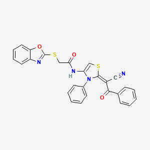 molecular formula C27H18N4O3S2 B4318213 2-(1,3-benzoxazol-2-ylthio)-N-[2-(1-cyano-2-oxo-2-phenylethylidene)-3-phenyl-2,3-dihydro-1,3-thiazol-4-yl]acetamide 