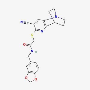 molecular formula C21H20N4O3S B4318230 N-(1,3-benzodioxol-5-ylmethyl)-2-[(4-cyano-1,6-diazatricyclo[6.2.2.0~2,7~]dodeca-2,4,6-trien-5-yl)thio]acetamide 