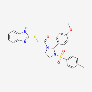 2-[(2-{2-(4-methoxyphenyl)-3-[(4-methylphenyl)sulfonyl]imidazolidin-1-yl}-2-oxoethyl)thio]-1H-benzimidazole