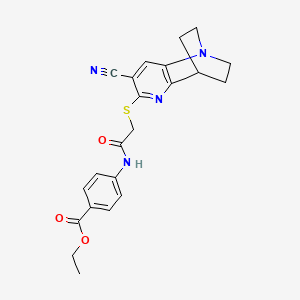 molecular formula C22H22N4O3S B4318577 ethyl 4-({[(4-cyano-1,6-diazatricyclo[6.2.2.0~2,7~]dodeca-2,4,6-trien-5-yl)thio]acetyl}amino)benzoate 