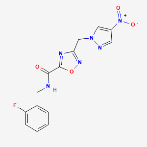 molecular formula C14H11FN6O4 B4318736 N-(2-fluorobenzyl)-3-[(4-nitro-1H-pyrazol-1-yl)methyl]-1,2,4-oxadiazole-5-carboxamide 