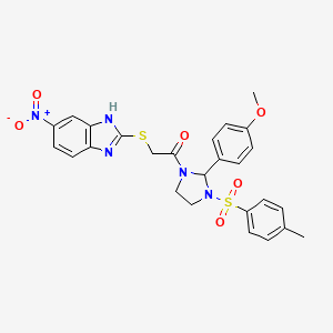 2-[(2-{2-(4-methoxyphenyl)-3-[(4-methylphenyl)sulfonyl]imidazolidin-1-yl}-2-oxoethyl)thio]-5-nitro-1H-benzimidazole