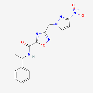 molecular formula C15H14N6O4 B4319245 3-[(3-nitro-1H-pyrazol-1-yl)methyl]-N-(1-phenylethyl)-1,2,4-oxadiazole-5-carboxamide 