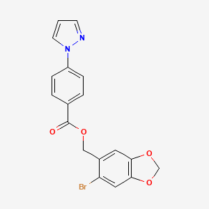 molecular formula C18H13BrN2O4 B4319283 (6-bromo-1,3-benzodioxol-5-yl)methyl 4-(1H-pyrazol-1-yl)benzoate 