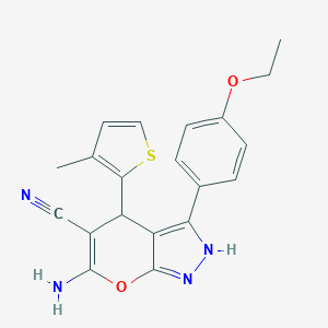 molecular formula C20H18N4O2S B431944 6-Amino-3-(4-ethoxyphenyl)-4-(3-methyl-2-thienyl)-1,4-dihydropyrano[2,3-c]pyrazole-5-carbonitrile CAS No. 664970-62-1