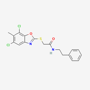 molecular formula C18H16Cl2N2O2S B4319456 2-[(5,7-dichloro-6-methyl-1,3-benzoxazol-2-yl)thio]-N-(2-phenylethyl)acetamide 