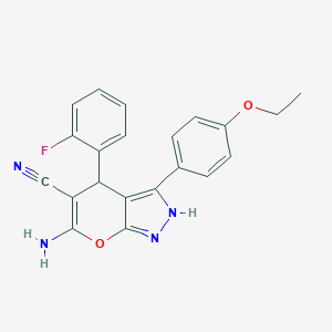 molecular formula C21H17FN4O2 B431946 6-Amino-3-(4-ethoxyphenyl)-4-(2-fluorophenyl)-1,4-dihydropyrano[2,3-c]pyrazole-5-carbonitrile CAS No. 664970-61-0