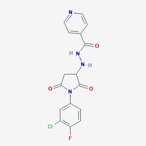 molecular formula C16H12ClFN4O3 B432031 N'-[1-(3-chloro-4-fluorophenyl)-2,5-dioxopyrrolidin-3-yl]pyridine-4-carbohydrazide CAS No. 956263-25-5