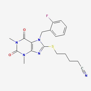 molecular formula C19H20FN5O2S B4320457 5-{[7-(2-fluorobenzyl)-1,3-dimethyl-2,6-dioxo-2,3,6,7-tetrahydro-1H-purin-8-yl]thio}pentanenitrile 