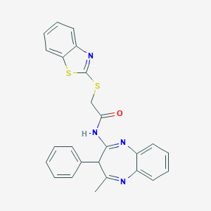 molecular formula C25H20N4OS2 B432053 2-(1,3-benzothiazol-2-ylsulfanyl)-N-(4-methyl-3-phenyl-3H-1,5-benzodiazepin-2-yl)acetamide CAS No. 586994-15-2