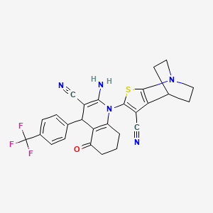 molecular formula C27H22F3N5OS B4320536 4-[2-amino-3-cyano-5-oxo-4-[4-(trifluoromethyl)phenyl]-5,6,7,8-tetrahydroquinolin-1(4H)-yl]-3-thia-1-azatricyclo[5.2.2.0~2,6~]undeca-2(6),4-diene-5-carbonitrile 