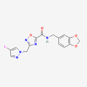 molecular formula C15H12IN5O4 B4321503 N-(1,3-benzodioxol-5-ylmethyl)-3-[(4-iodo-1H-pyrazol-1-yl)methyl]-1,2,4-oxadiazole-5-carboxamide 