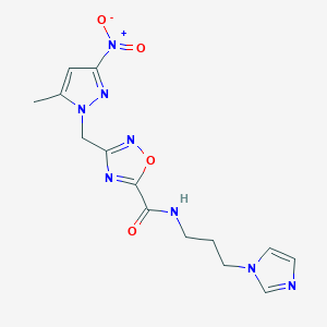 molecular formula C14H16N8O4 B4321543 N-[3-(1H-imidazol-1-yl)propyl]-3-[(5-methyl-3-nitro-1H-pyrazol-1-yl)methyl]-1,2,4-oxadiazole-5-carboxamide 