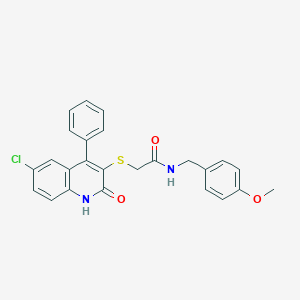 molecular formula C25H21ClN2O3S B432181 2-[(6-chloro-2-oxo-4-phenyl-1,2-dihydro-3-quinolinyl)sulfanyl]-N-(4-methoxybenzyl)acetamide 