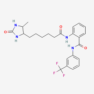 molecular formula C24H27F3N4O3 B4321902 2-{[6-(5-methyl-2-oxoimidazolidin-4-yl)hexanoyl]amino}-N-[3-(trifluoromethyl)phenyl]benzamide 