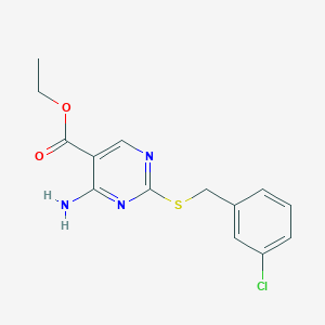 molecular formula C14H14ClN3O2S B432240 4-Amino-2-(3-chloro-benzylsulfanyl)-pyrimidine-5-carboxylic acid ethyl ester CAS No. 573948-12-6