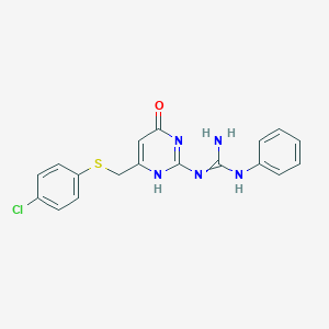 molecular formula C18H16ClN5OS B432244 2-[6-[(4-chlorophenyl)sulfanylmethyl]-4-oxo-1H-pyrimidin-2-yl]-1-phenylguanidine CAS No. 577987-90-7