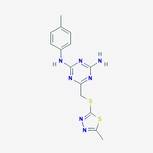 molecular formula C14H15N7S2 B432260 6-(5-Methyl-[1,3,4]thiadiazol-2-ylsulfanylmethyl)-N-p-tolyl-[1,3,5]triazine-2,4-diamine CAS No. 714226-83-2