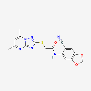 molecular formula C17H14N6O3S B4322627 N-(6-cyano-1,3-benzodioxol-5-yl)-2-[(5,7-dimethyl[1,2,4]triazolo[1,5-a]pyrimidin-2-yl)thio]acetamide 