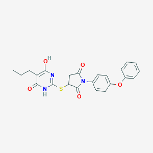 molecular formula C23H21N3O5S B432270 3-[(4,6-Dihydroxy-5-propyl-2-pyrimidinyl)thio]-1-(4-phenoxyphenyl)-2,5-pyrrolidinedione CAS No. 674308-32-8