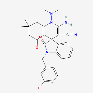 molecular formula C28H28FN5O2 B4322977 2'-amino-1'-(dimethylamino)-1-(3-fluorobenzyl)-7',7'-dimethyl-2,5'-dioxo-1,2,5',6',7',8'-hexahydro-1'H-spiro[indole-3,4'-quinoline]-3'-carbonitrile 