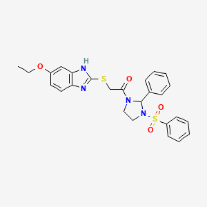 molecular formula C26H26N4O4S2 B4325848 5-ethoxy-2-({2-oxo-2-[2-phenyl-3-(phenylsulfonyl)imidazolidin-1-yl]ethyl}thio)-1H-benzimidazole 